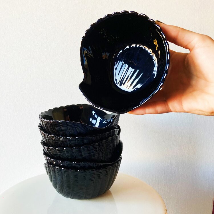 80’s French Black Opaline Seashell Bowls