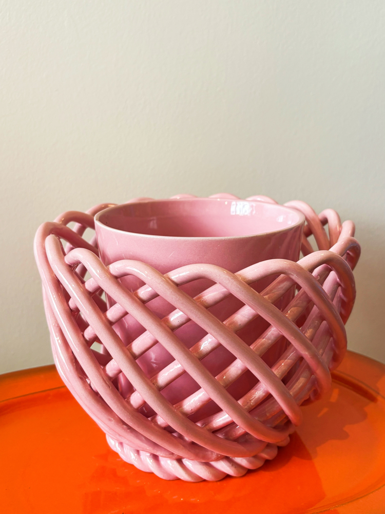 80’s Handmade Ceramic Pink Flowerpot 