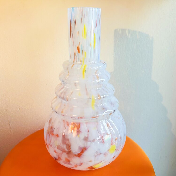 White Hand Blown Glass Vase with Colorful Dots