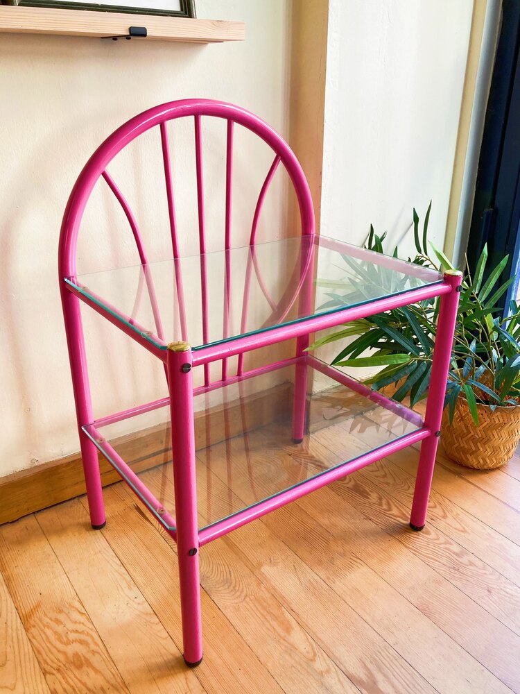 80’s Pink Metal + Glass Bedside Table 