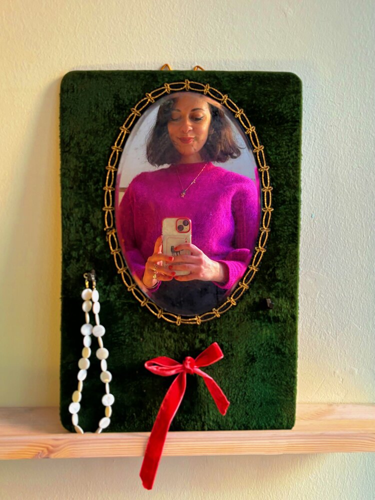 40’s Green Velvet Framed Mirror