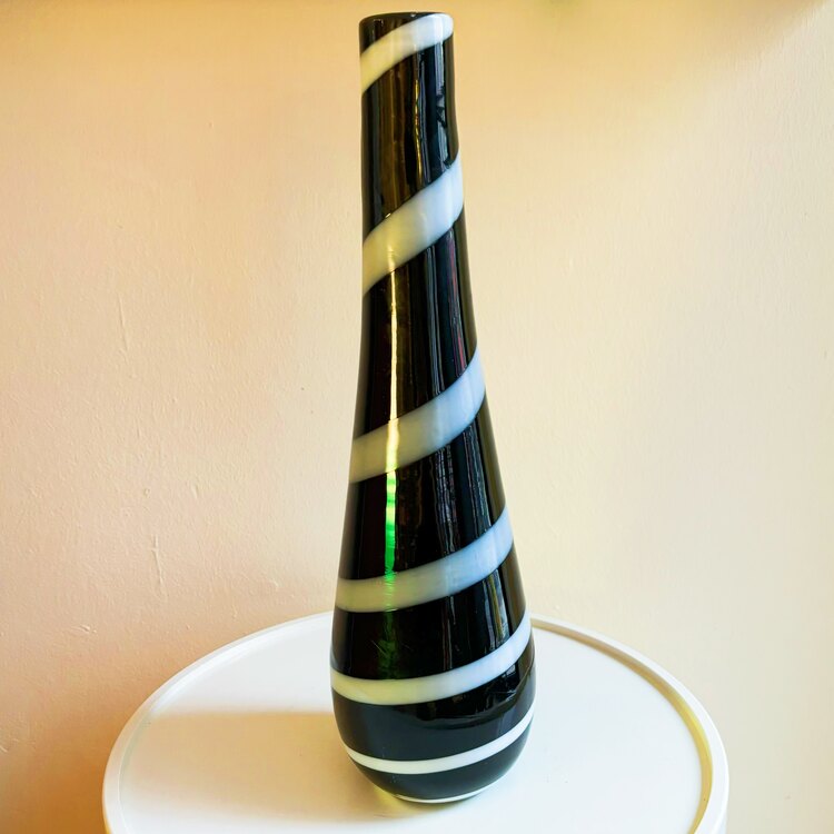 70’s Italian Murano Glass Black and White Striped Tall Vase
