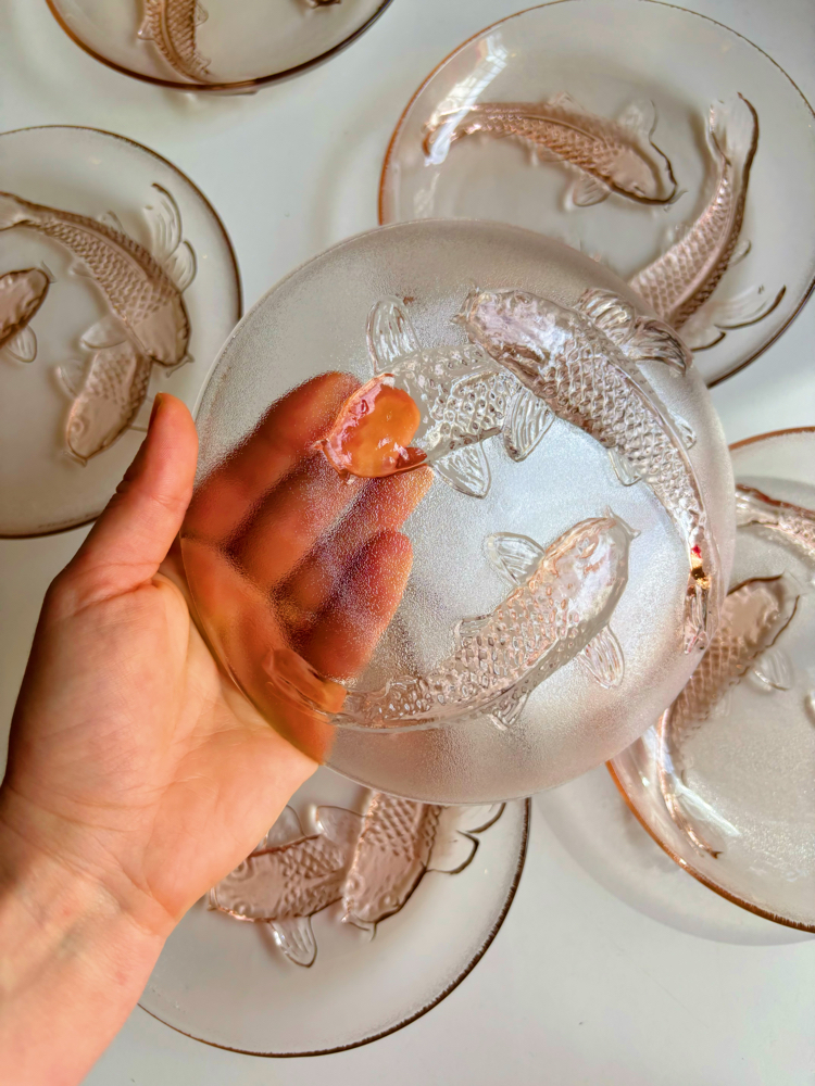 80’s Pink Koi Fish Embossed Glass Plates 