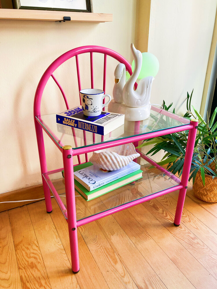 80’s Pink Metal + Glass Bedside Table 
