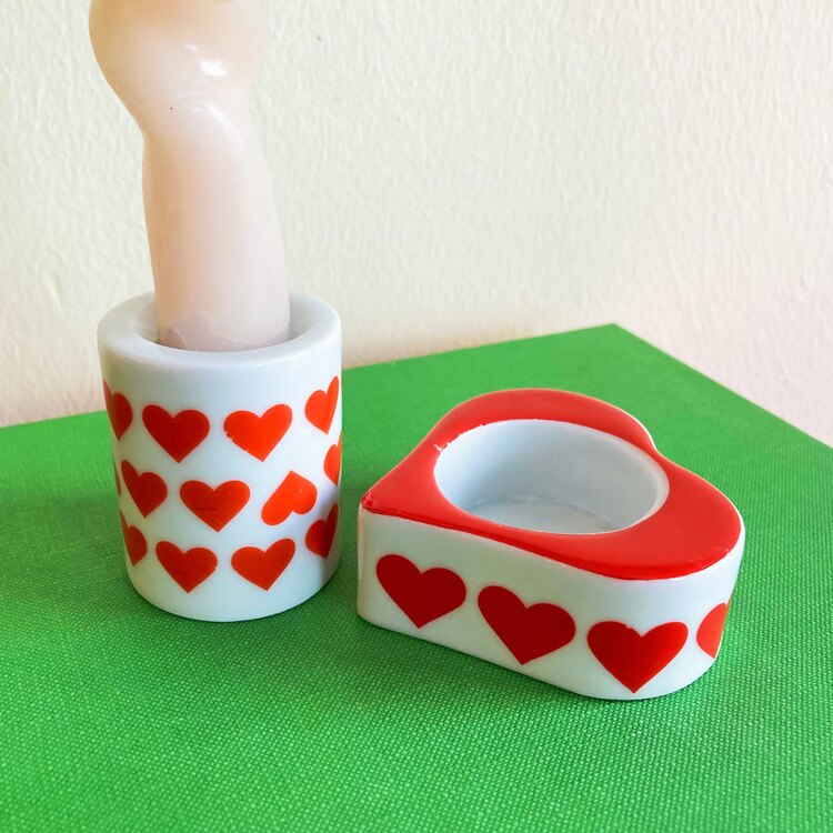 70’s Red Hearts German Porcelain Candleholders 