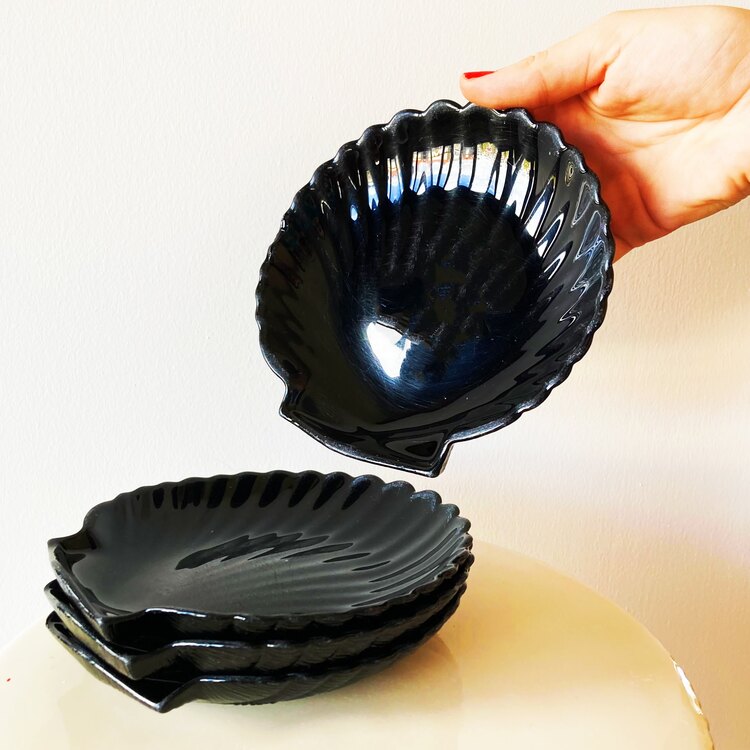 80’s French Black Opaline Seashell Plates