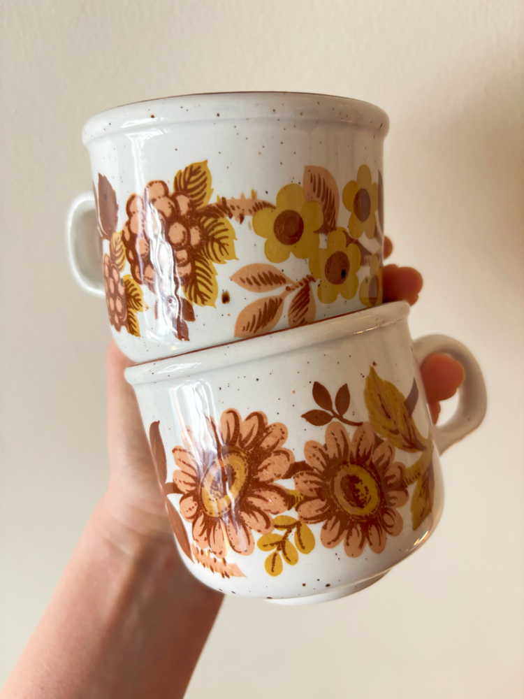 English Brown Flowers Stoneware Mugs