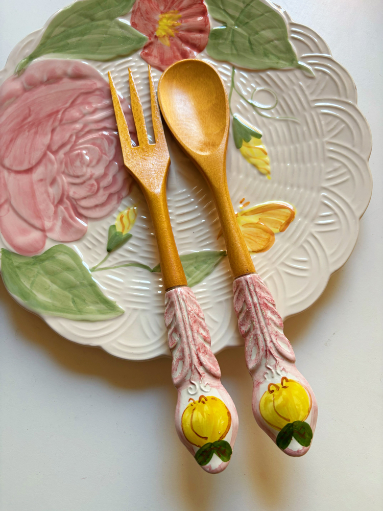 Italian Handmade Wooden Salad Servers with Ceramic Handles 