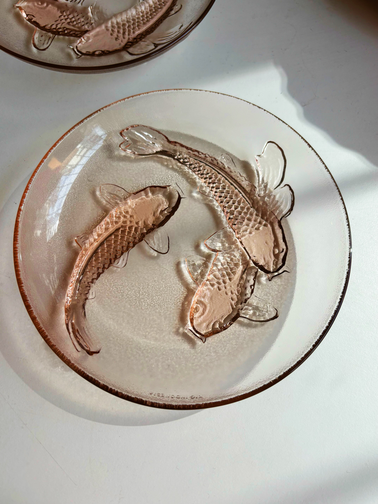 80’s Pink Koi Fish Embossed Glass Plates 