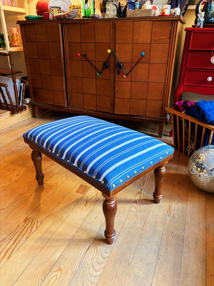 Blue + White Striped Walnut Foot Stool 