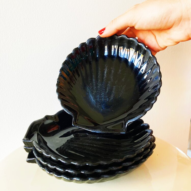 80’s French Black Opaline Seashell Plates