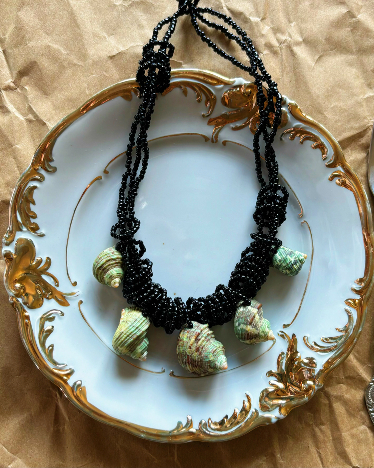 Vintage Beaded Necklace with Green Genuine Seashells