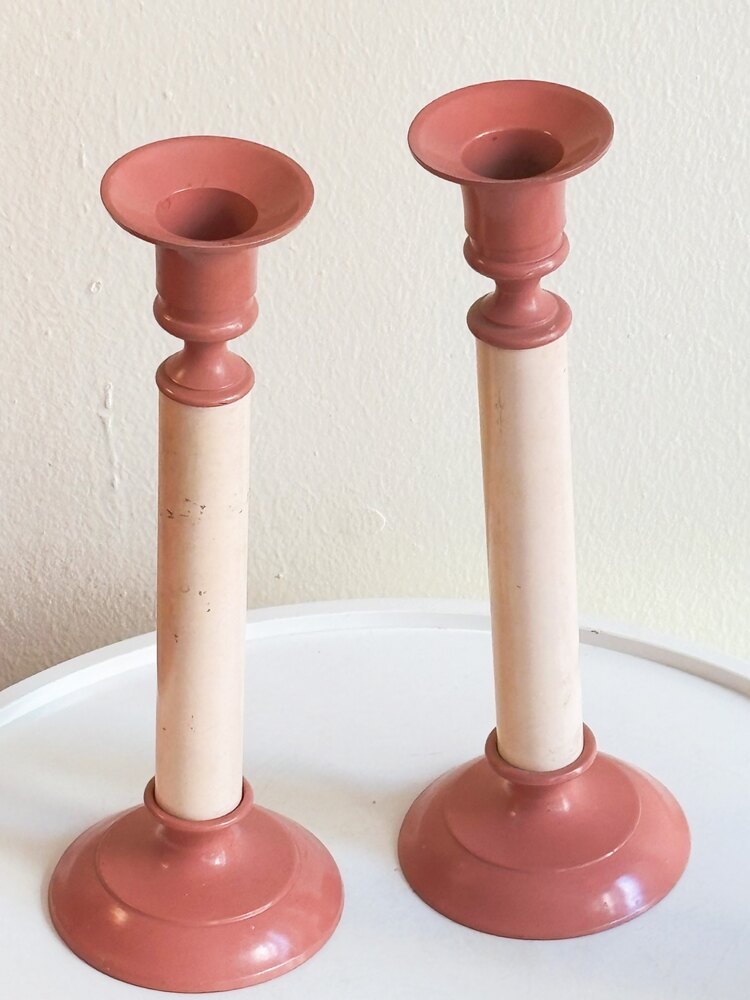 80’s Pink Enamel Plated Brass Candlesticks