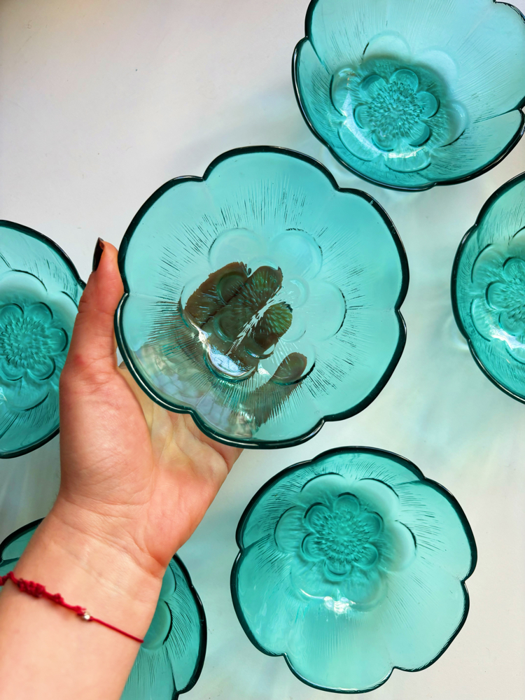 80’s Turquoise Flower Shaped Glass Bowls 
