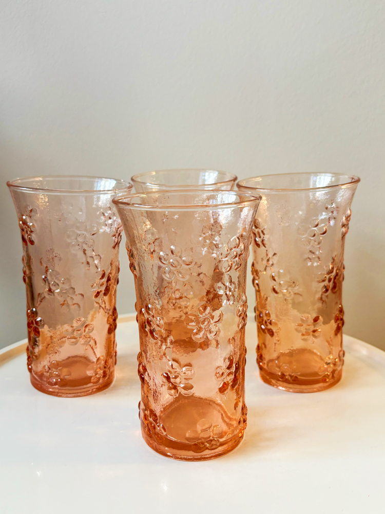 80’s Pink Glass Flower Embossed Tumblers 
