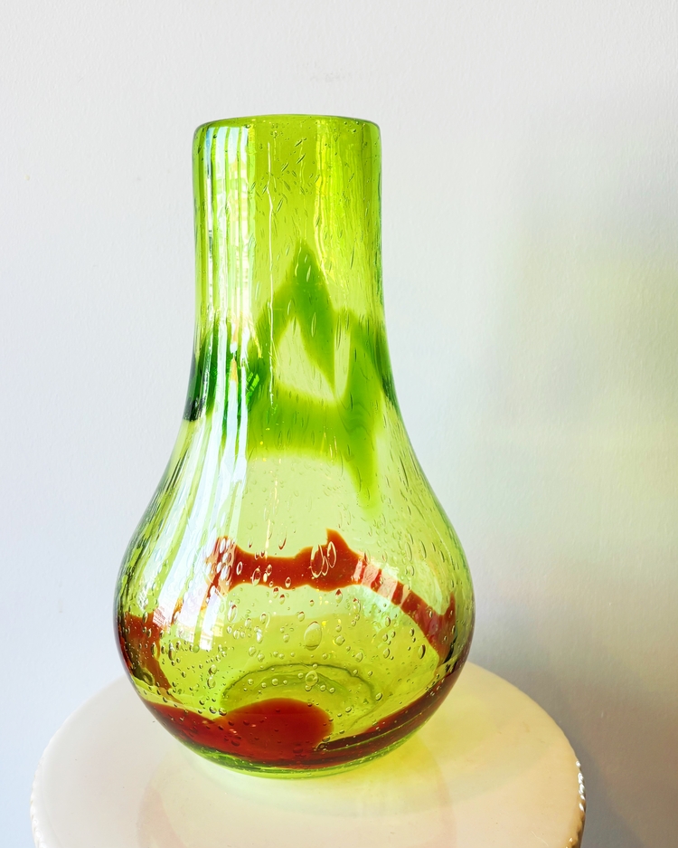 Hand Blown Green + Red Glass Vase 