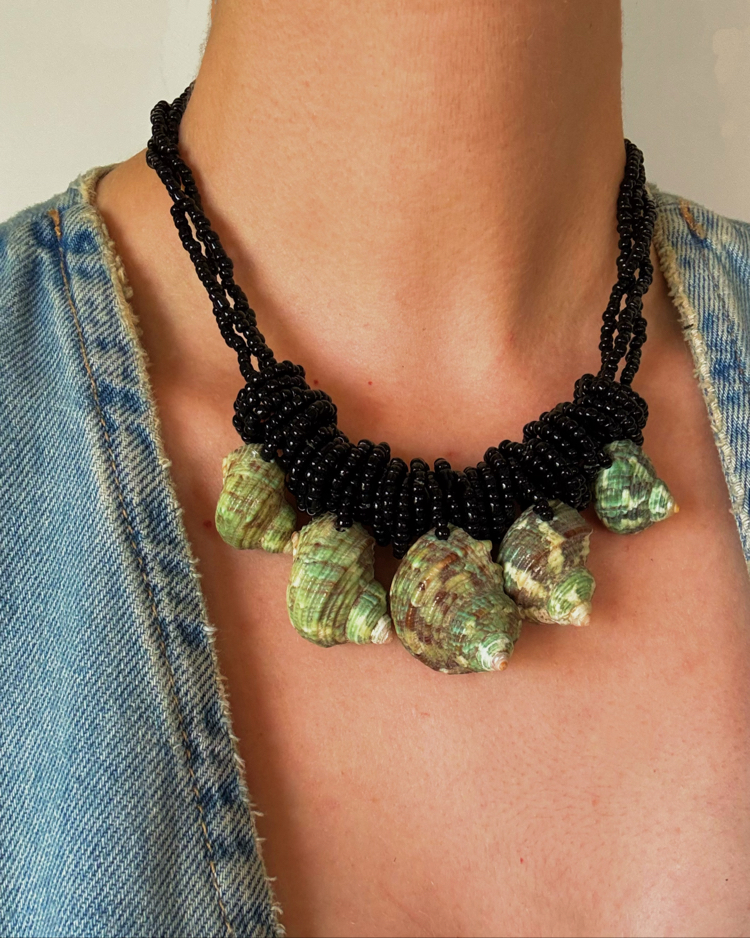 Vintage Beaded Necklace with Green Genuine Seashells