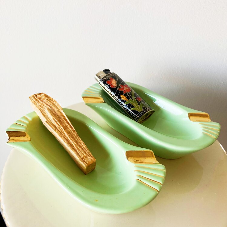 80’s Mint Ceramic Ashtray with Gold Details 