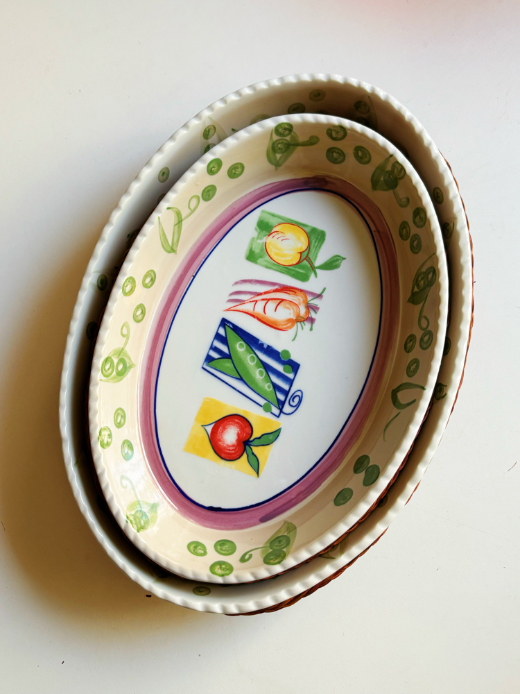 Vintage Veggies Oven Dishes with Rattan Trivet