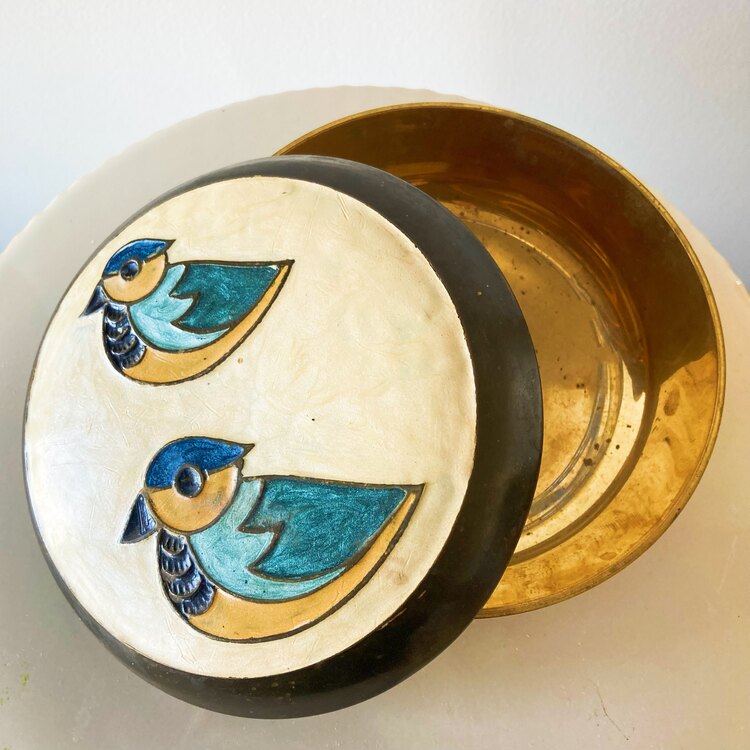 “Birds” Brass Jewelry Box with Enamel Coating 
