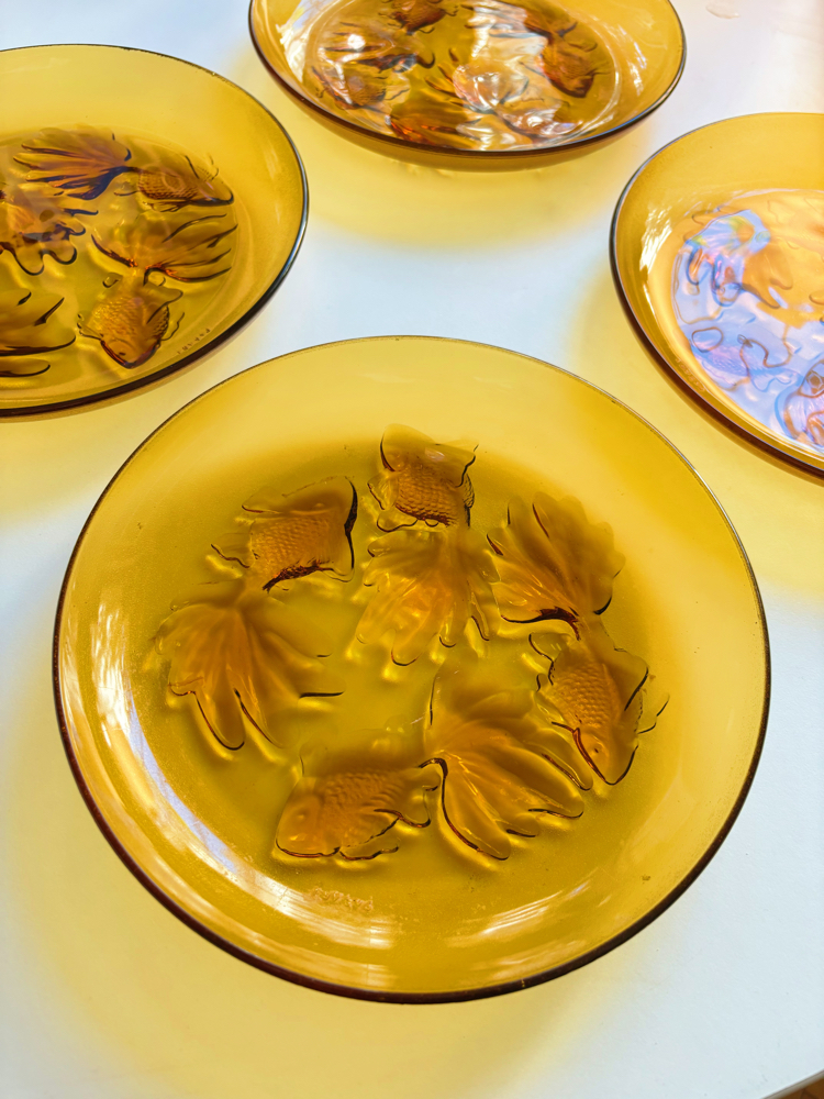 80’s Amber Glass Fish Embossed Plates