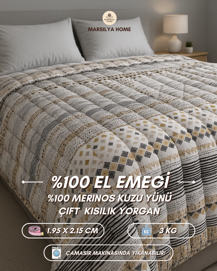 ÇİFT KİŞİLİK ANASON DESENLİ (195 X 215 CM) %100 EL EMEĞİ VE MERİNOS KUZU YÜN DOLGULU