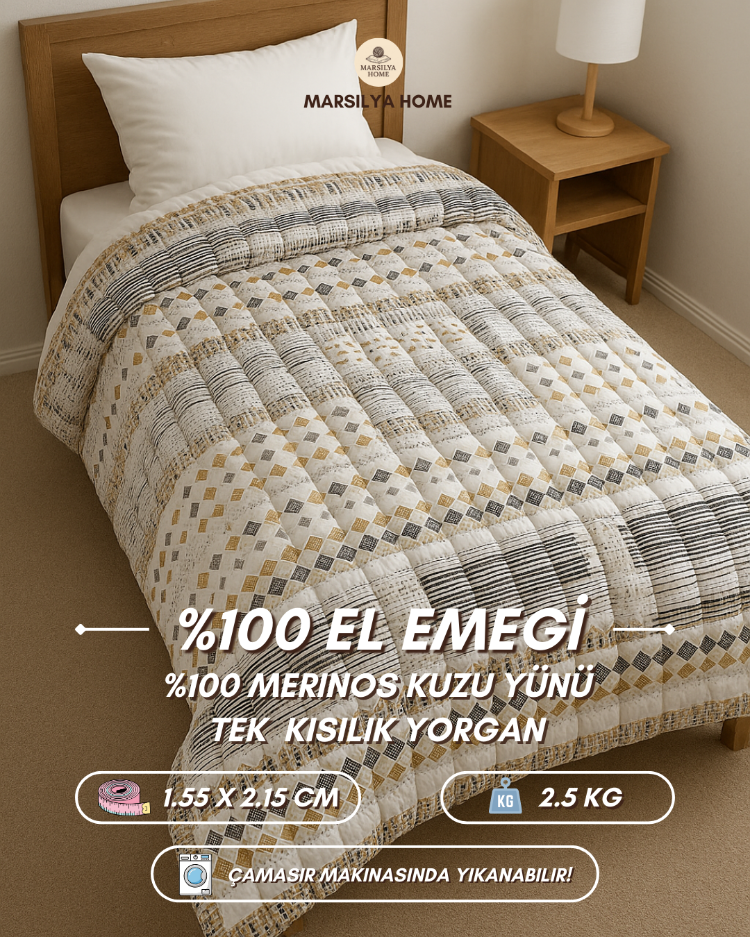 TEK KİŞİLİK ANASON DESENLİ (155 X 215) %100 EL EMEĞİ VE MERİNOS KUZU YÜN DOLGULU