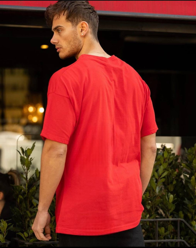 Erkek Kırmızı Bisiklet Yaka Düz Basic Baskısız Oversize Salas T-Shirt