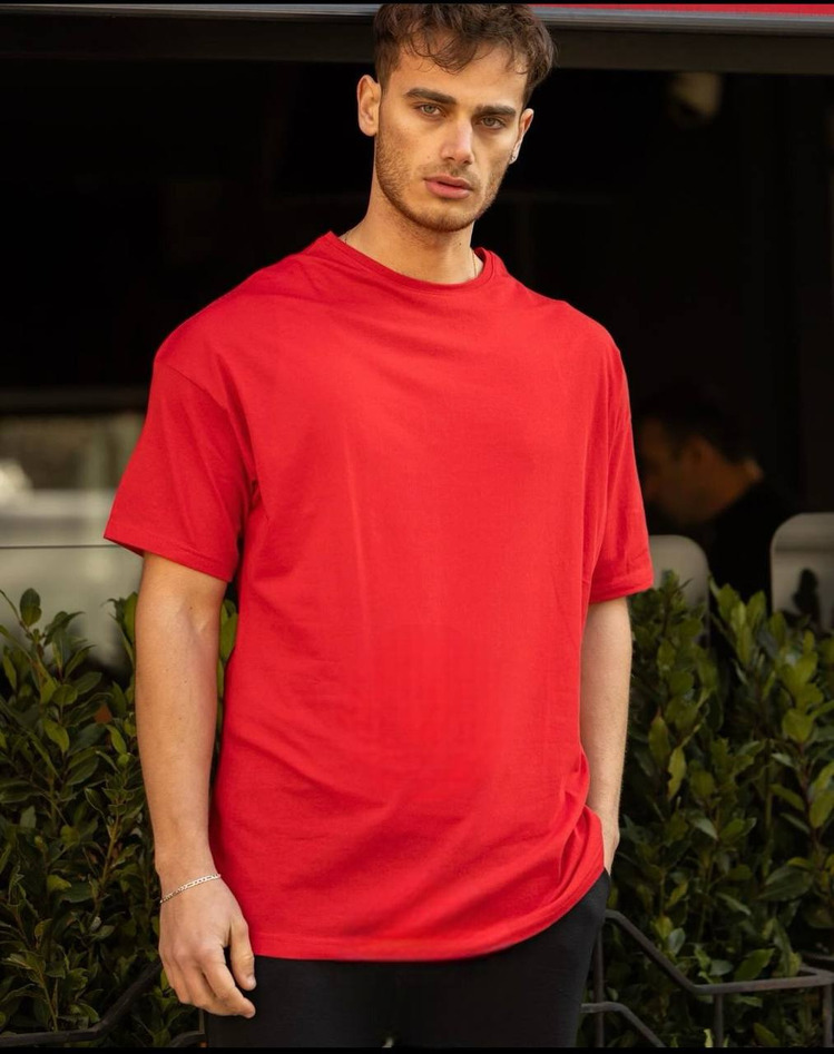 Erkek Kırmızı Bisiklet Yaka Düz Basic Baskısız Oversize Salas T-Shirt