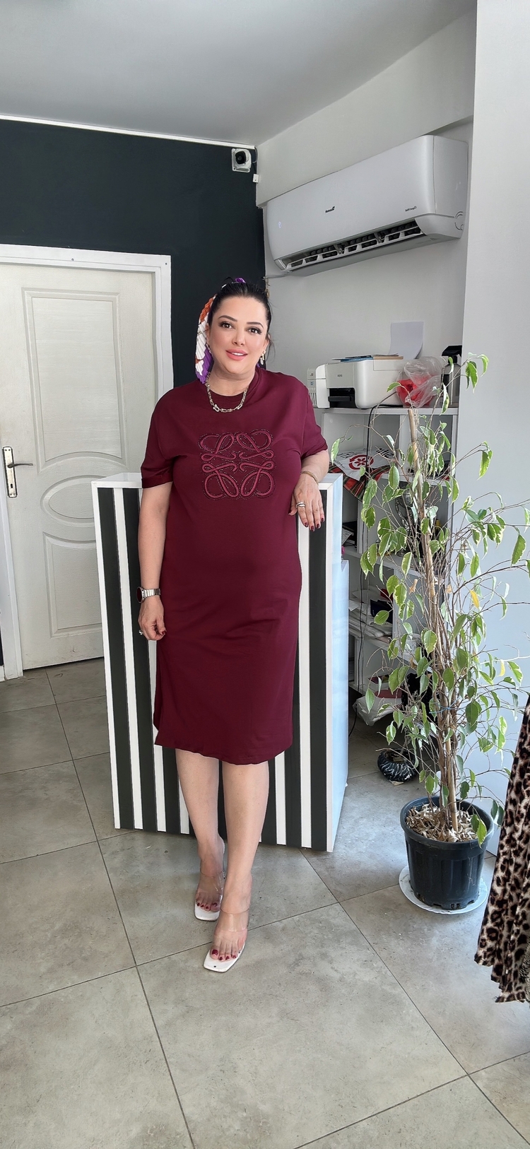 Bordo Taş detaylı Elbise
