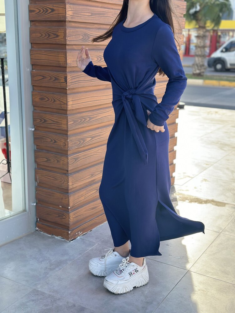 LACİVERT BAĞLAMA DETAYLI ELBİSE