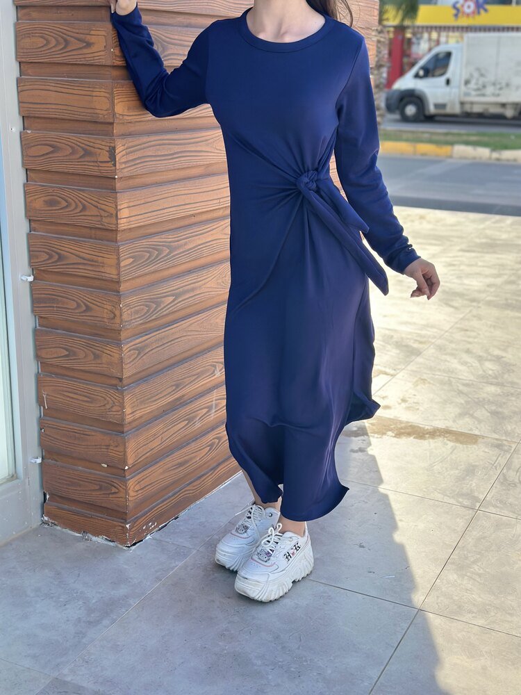 LACİVERT BAĞLAMA DETAYLI ELBİSE