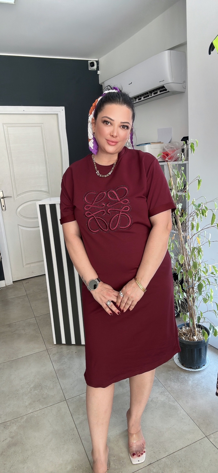 Bordo Taş detaylı Elbise