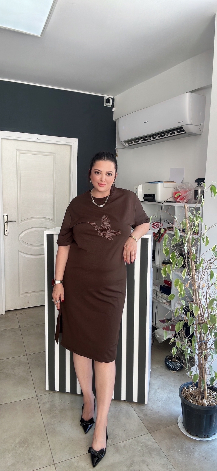 Kahve 2 iplik pamuklu elbise 