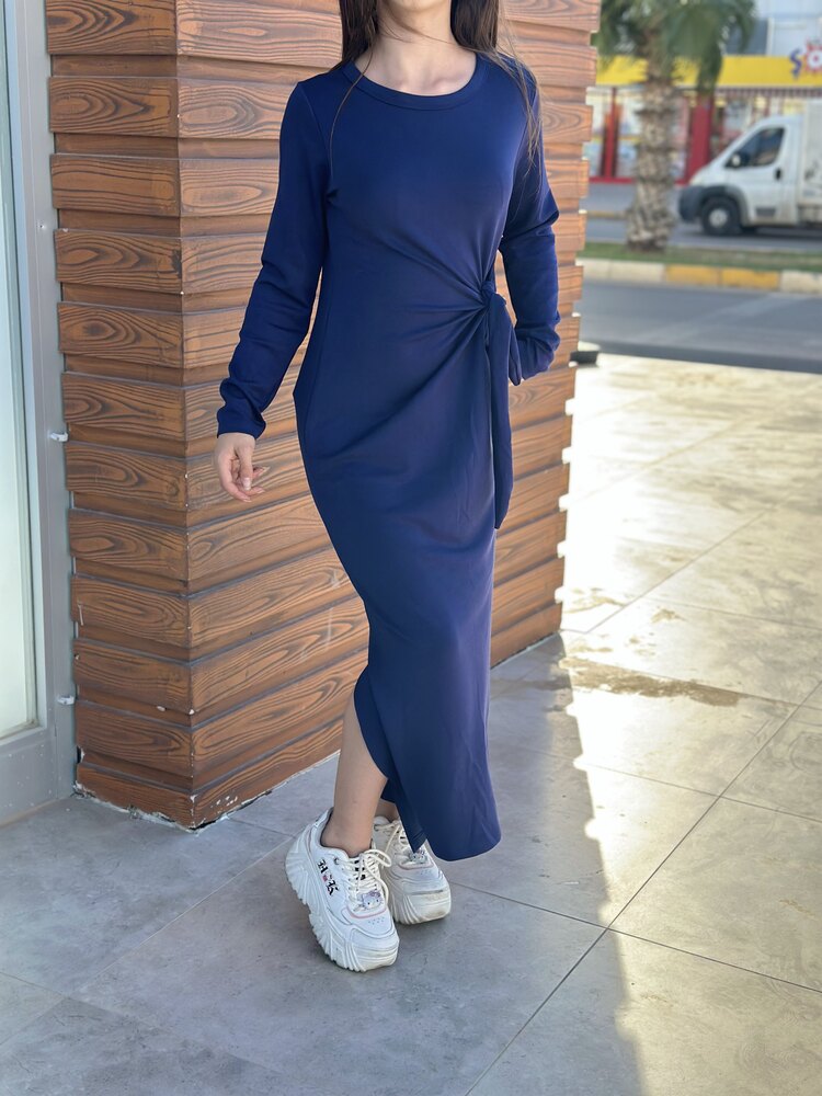 LACİVERT BAĞLAMA DETAYLI ELBİSE