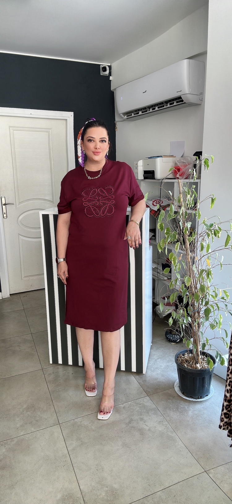 Bordo Taş detaylı Elbise