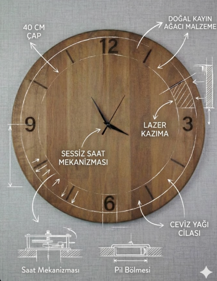 Retro İstasyon Tarzı: Çerçeve Detaylı Kayın Ağacı Saat (40 cm)
