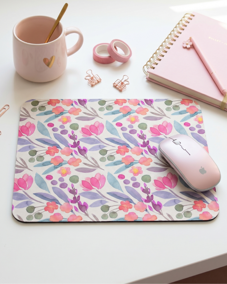 Pastel Çiçek Desenli Bilek Destekli Mousepad – Aesthetic Floral Mouse Pad, Pembe Masa Aksesuarı