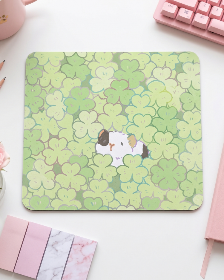 Sevimli Yonca ve Hamster Desenli Mousepad – Kawaii Aesthetic Mouse Pad, Pastel Masa Aksesuarı