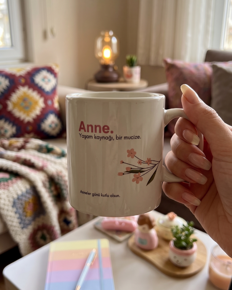 Minimal Anneler Günü Kupa Bardak – Anne Yazılı Zarif Çiçek Tasarım