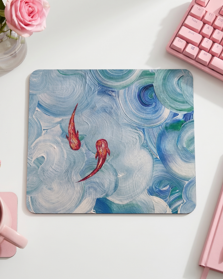 Sanatsal Balık ve Dalga Desenli Mousepad – Aesthetic Abstract Tasarımlı