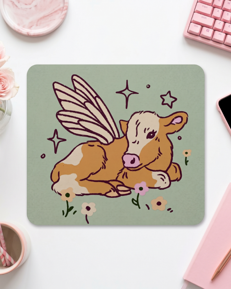 Sevimli Kanatlı Buzağı Mousepad – Cute Aesthetic Hayvan Tasarımlı Mouse Pad, Masa Aksesuarı