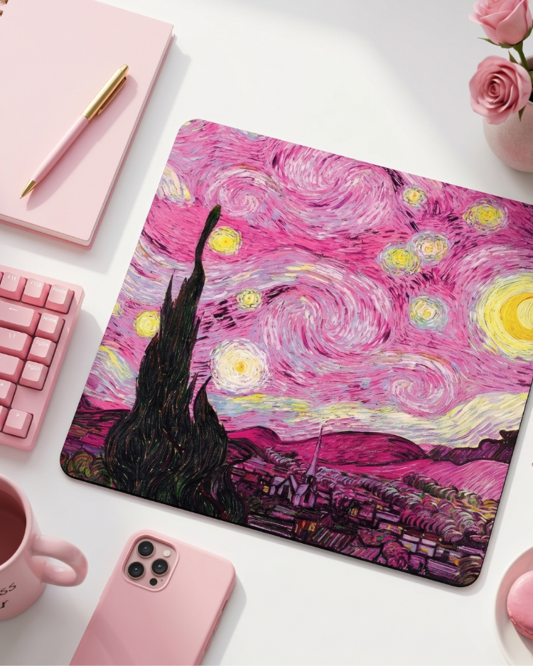 Pembe Yıldızlı Gece Sanatsal Mousepad – Aesthetic Van Gogh Tarzı Desenli