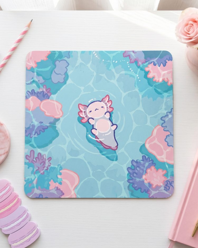 Sevimli Aksolotl Desenli Mousepad – Kawaii Aesthetic Mouse Pad, Pastel Masa Aksesuarı
