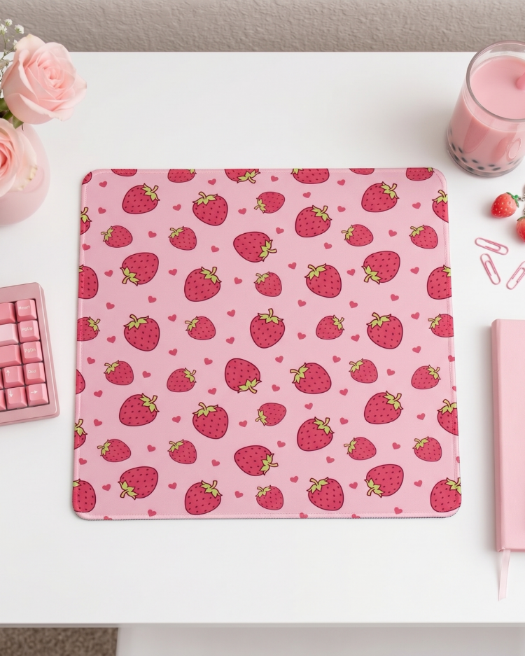 Çilek Desenli Mousepad – Kawaii Aesthetic Strawberry Mouse Pad, Pembe Masa Aksesuarı