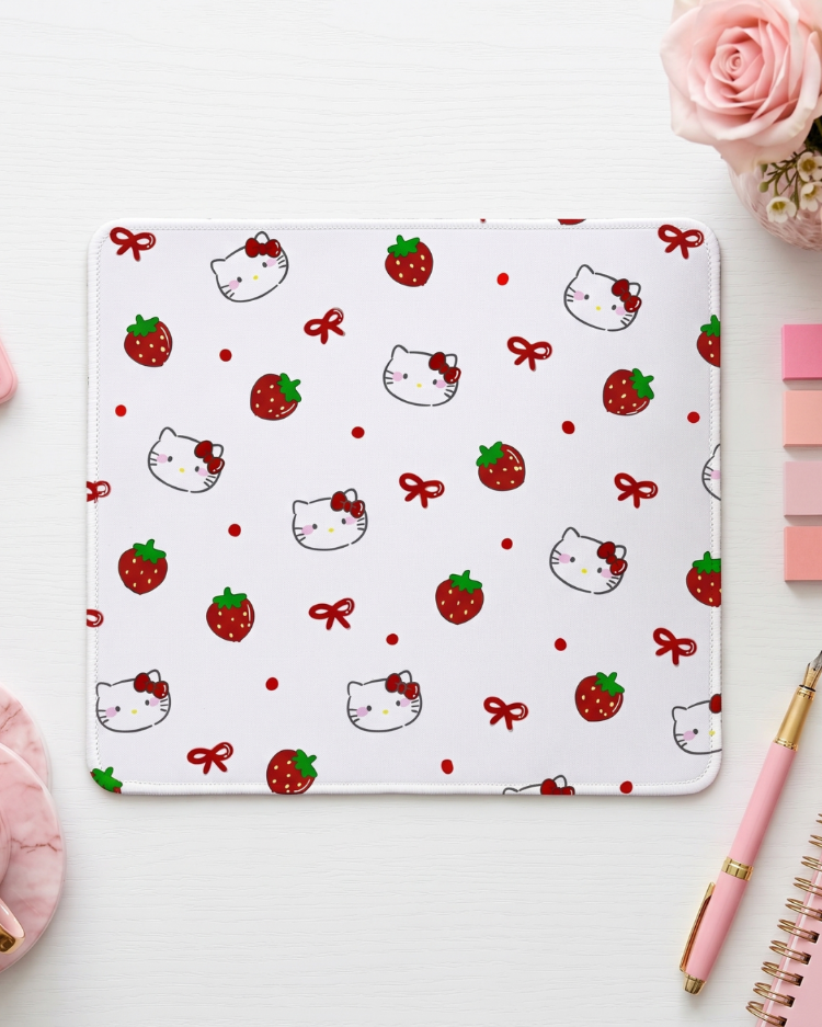 Sevimli Kedi ve Çilek Desenli Mousepad – Kawaii Aesthetic Mouse Pad, Pembe Masa Aksesuarı