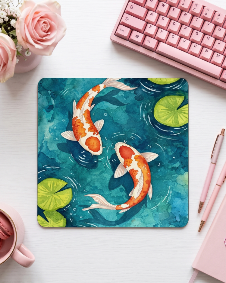 Japon Balığı Desenli Mousepad – Aesthetic Koi Fish Tasarımlı Mouse Pad, Masa Dekorasyonu