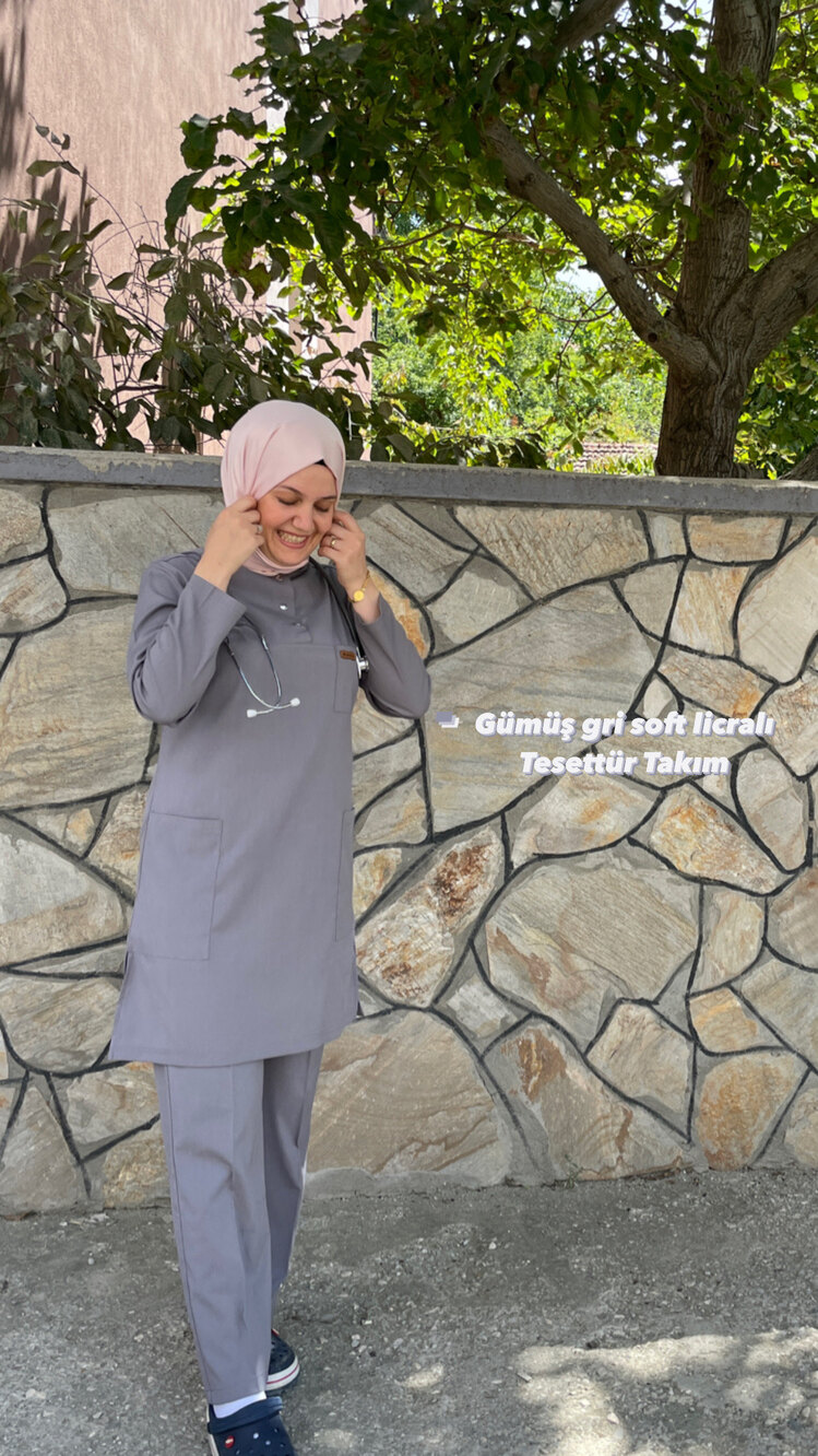 Gümüş gri soft licralı 90 cm tesettür takım