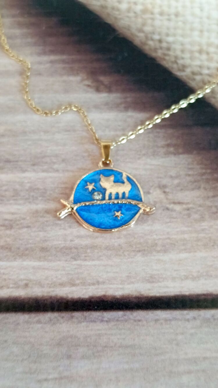 Mavi Mineli Kedi Detaylı Çelik Kolye