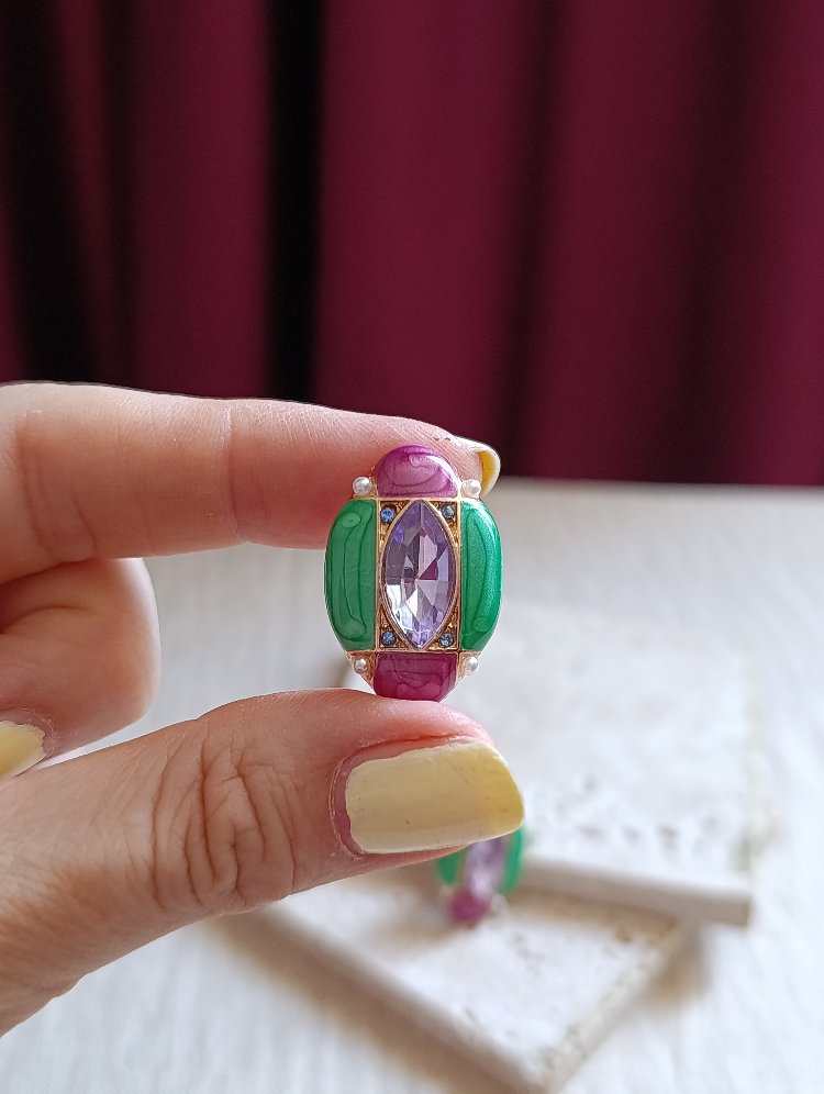 Yeşil-Fuşya Mineli Oval Küpe